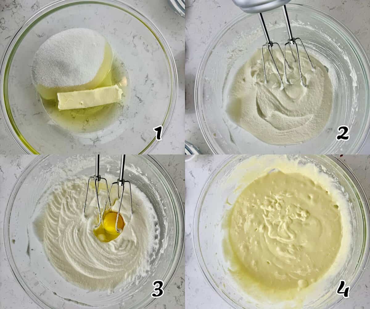 Cream the sugar and butter, add the eggs, and mix well.