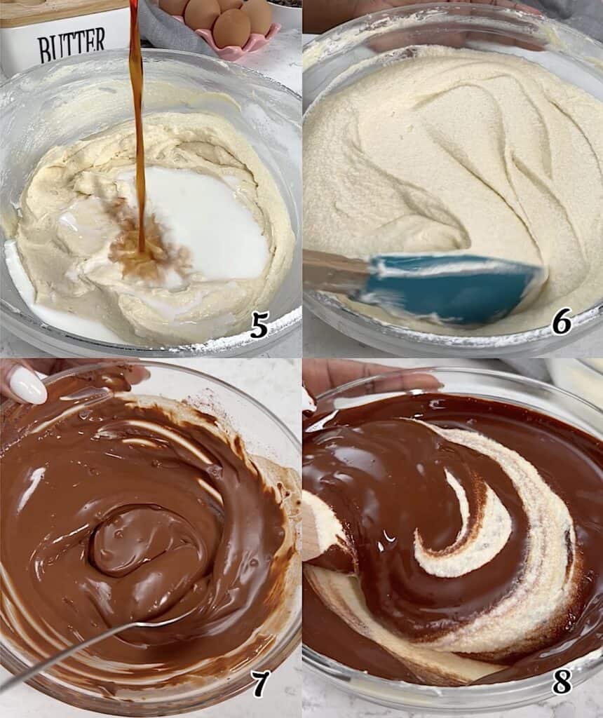 Add the milk and vanilla, stir, then separate part of the batter to mix in the chocolate.