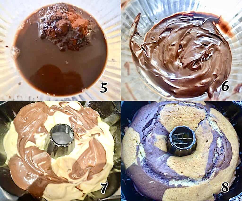 Mix the cocoa powder and coffee, then add it to a third of the batter. Alternate pouring the vanilla and chocolate batters into the cake pan and bake.