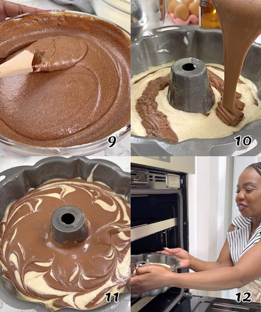 Layer the chocolate and vanilla batters, swirl, and bake.