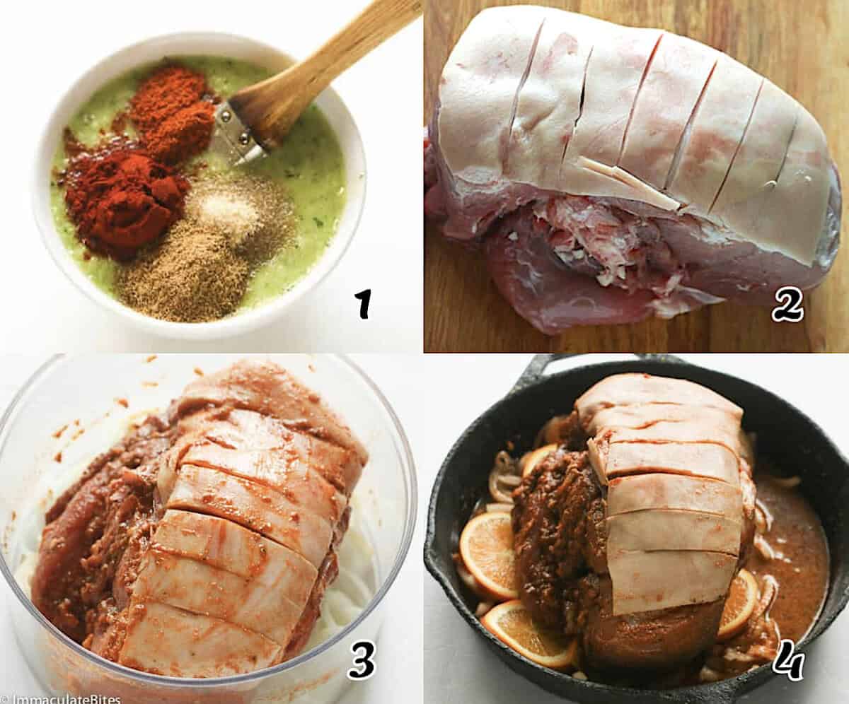Make the marinade, season the pork roast, then bake it.
