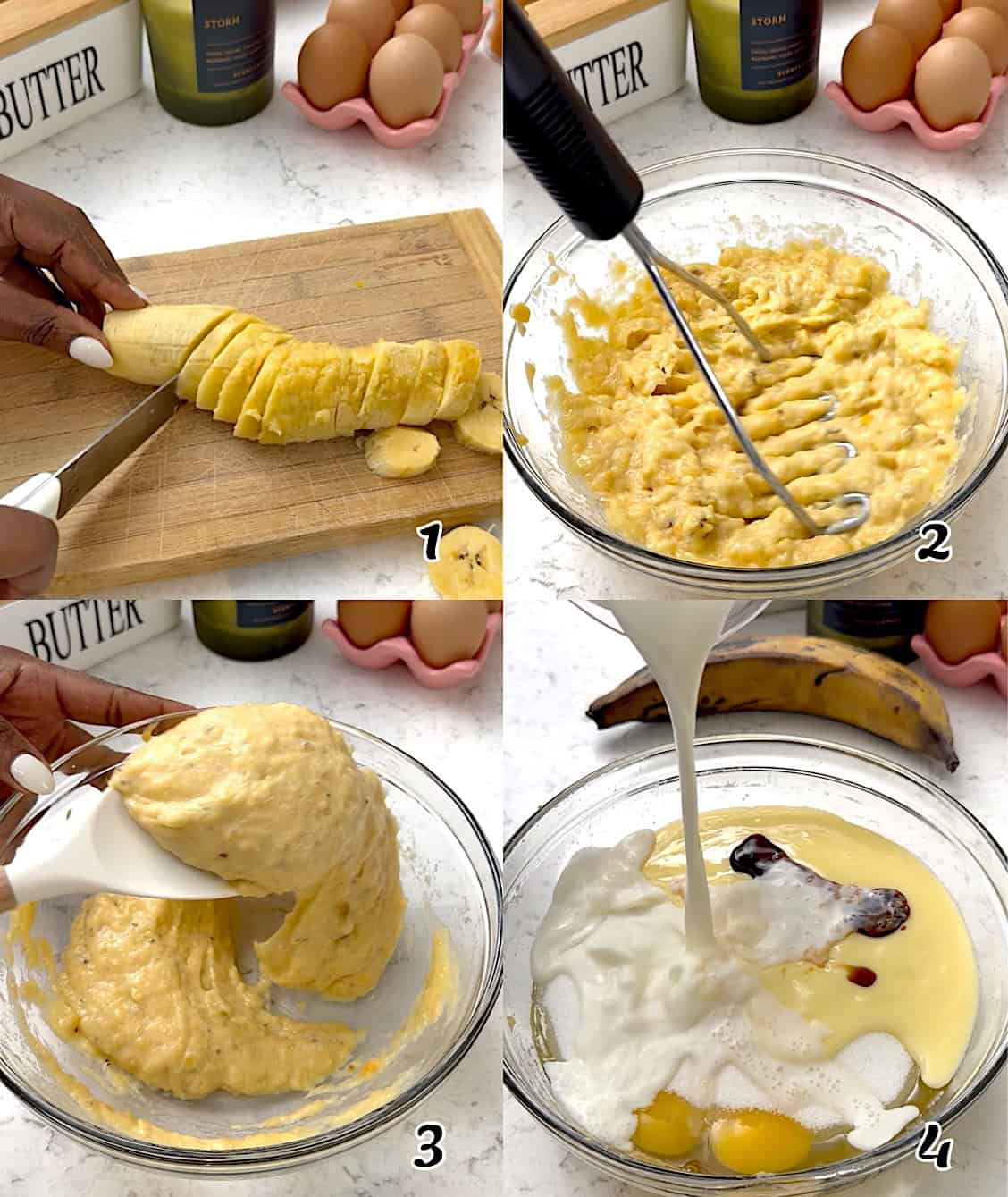 Slice and mash the plantains until creamy, then add the eggs, sour cream, and vanilla.