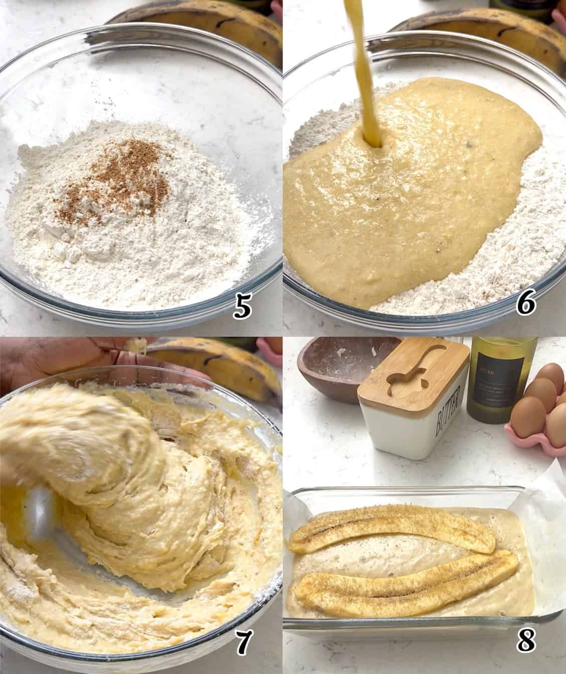 Mix the dry ingredients, combine the wet and dry ingredients, the pour into a loaf pan, top with sliced plantains, and sprinkle with brown sugar.