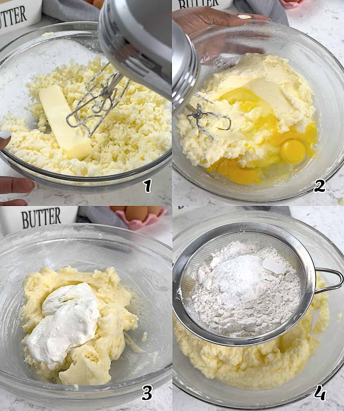 Cream the butter and sugar, add the eggs and sour cream, then sift in the dry ingredients.