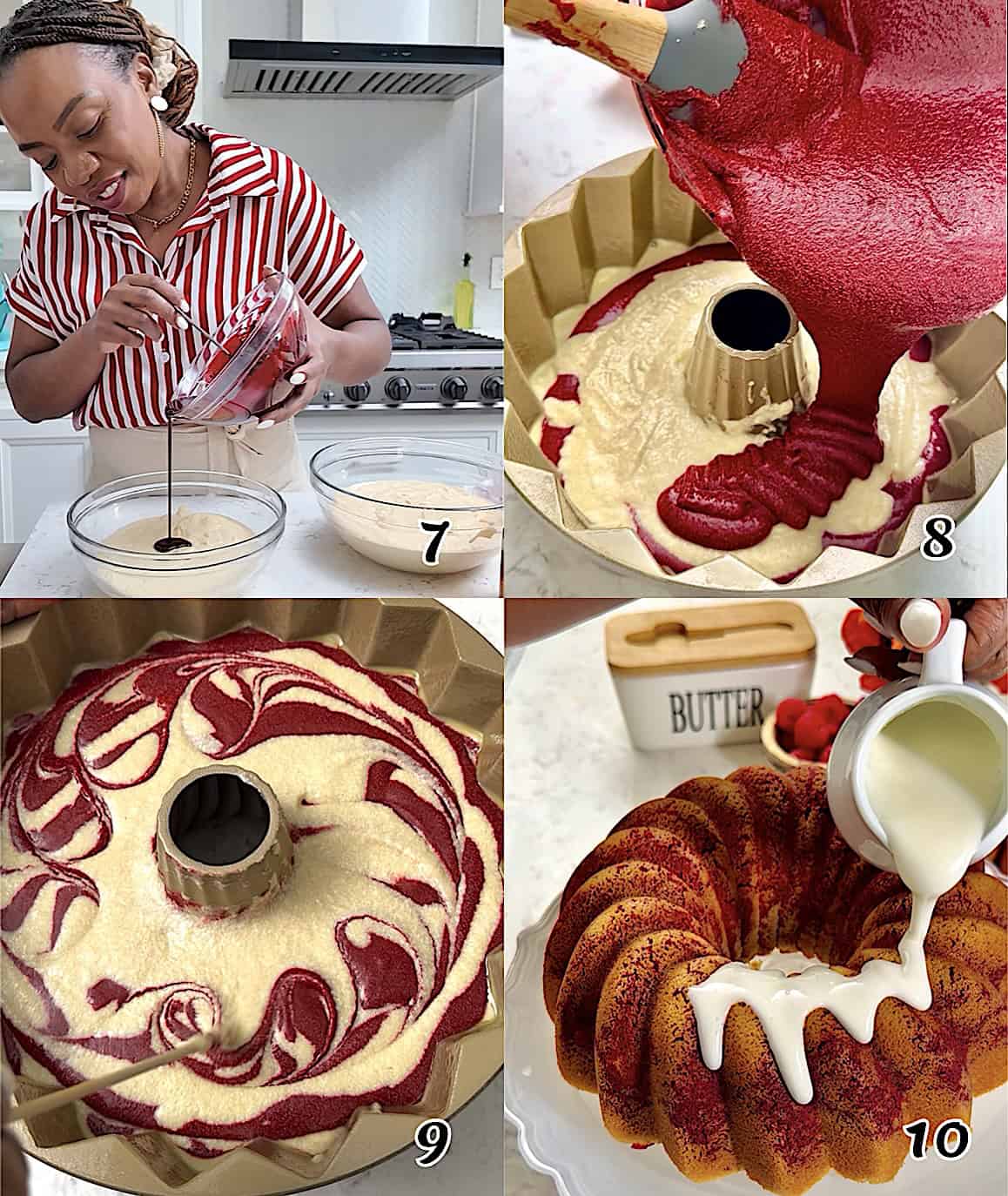 Add the chocolate mixture to a third of the batter, layer the batters in a bundt or loaf pan, swirl, bake, and drizzle with glaze.