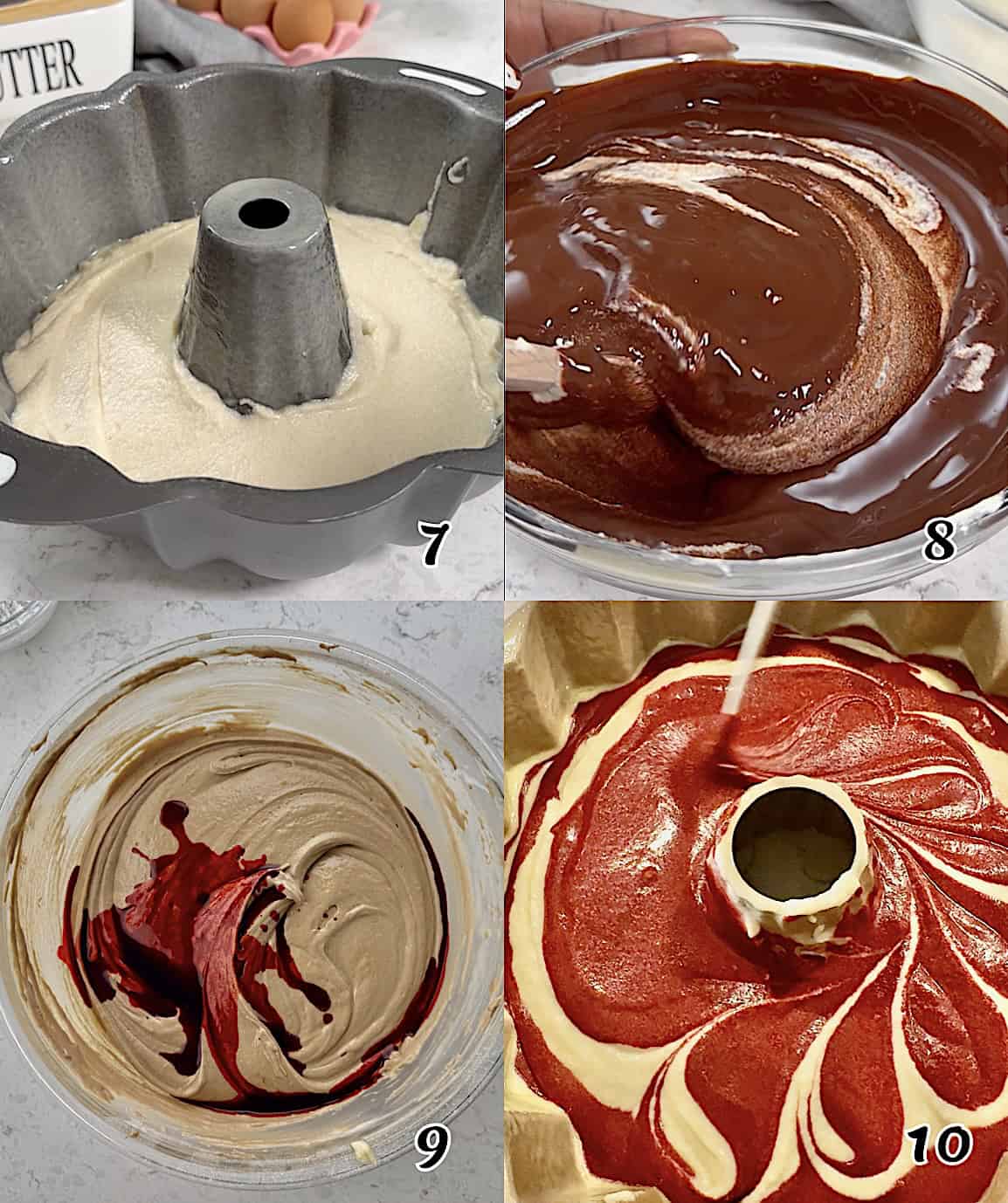 Pour ⅔ of the vanilla batter into the pan, mix the rest of the batter with the chocolate and red food coloring, pour it over the vanilla batter, and swirl.
