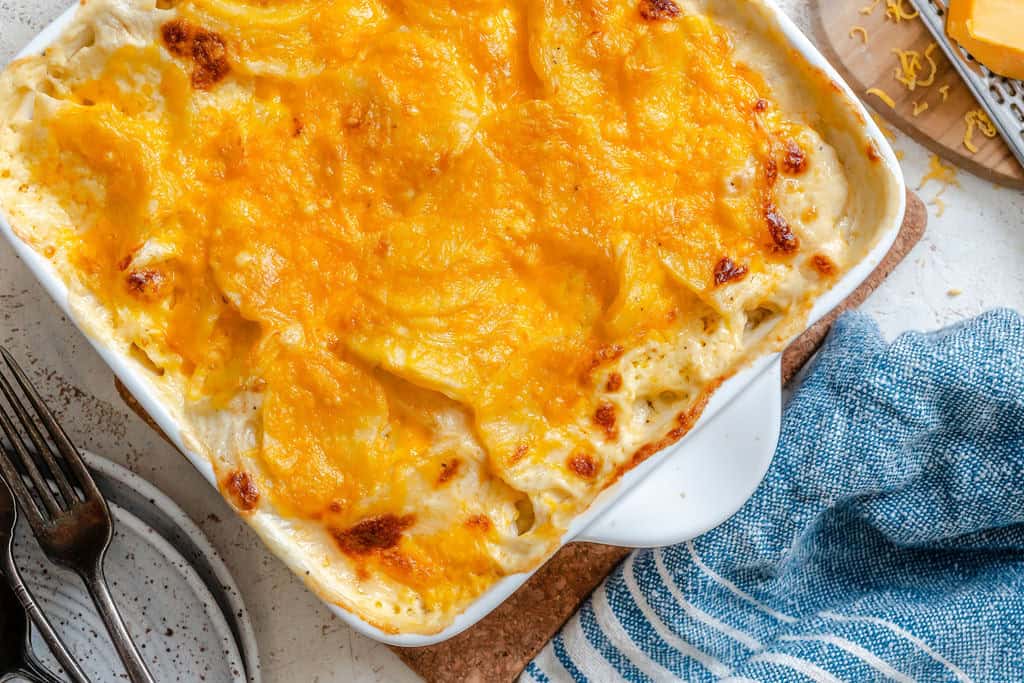 A creamy potato casserole straight from the oven and ready to enjoy.