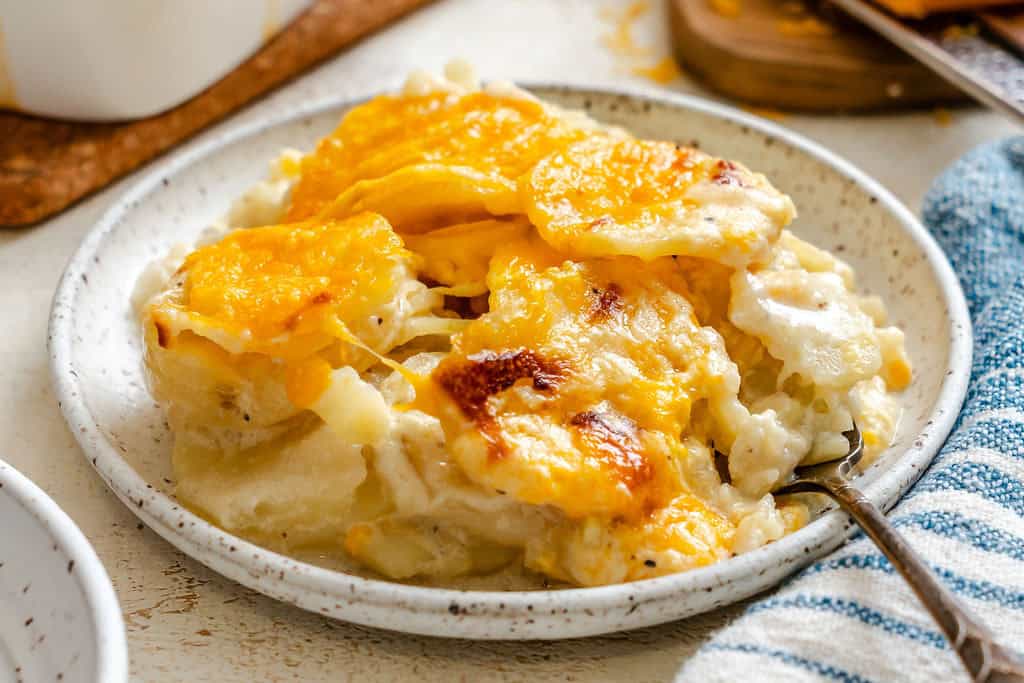 Enjoying a generous helping of creamy scalloped potatoes.