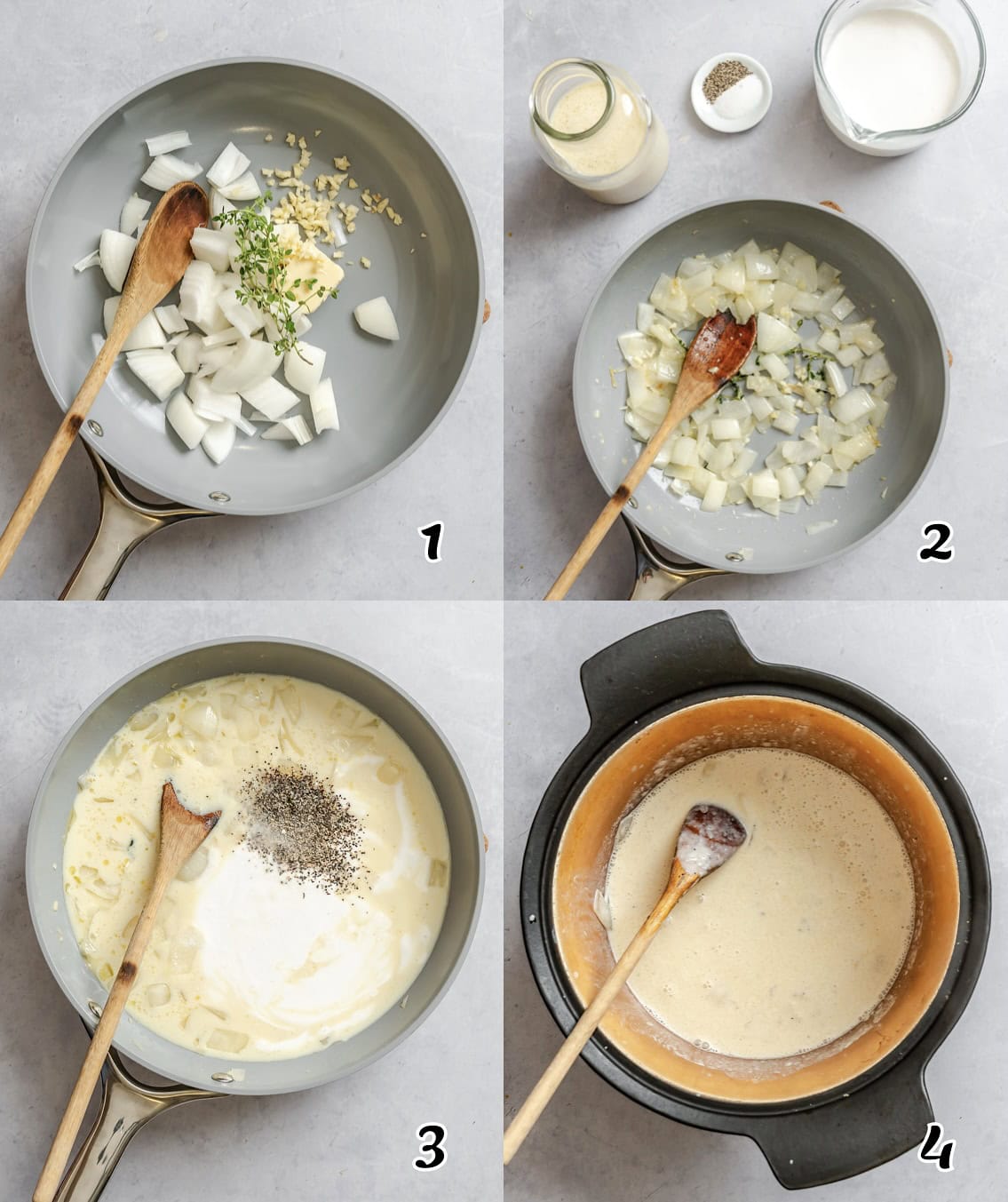 Saute the aromatics, add the cream, milk, and seasonings, them simmer.