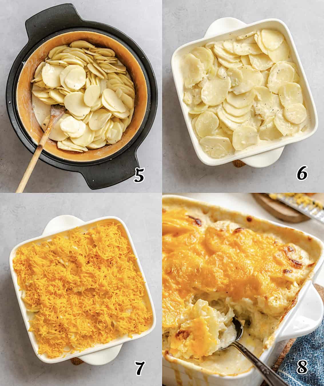 Add the sliced potatoes to the cream sauce and simmer. Then transfer it all to a baking dish, cover it with grated cheese, and bake.