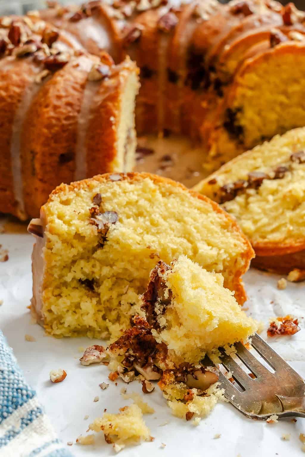 Forking into a nutty, buttery cake with pecan streusel.