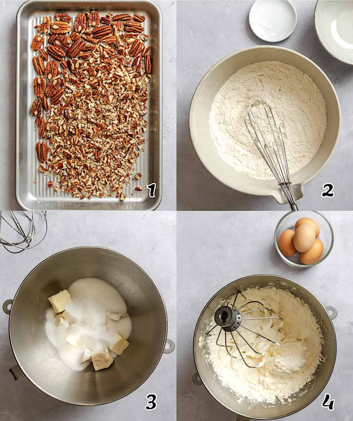 Get out the pecans, sift the dry ingredients, then cream the butter and sugar.