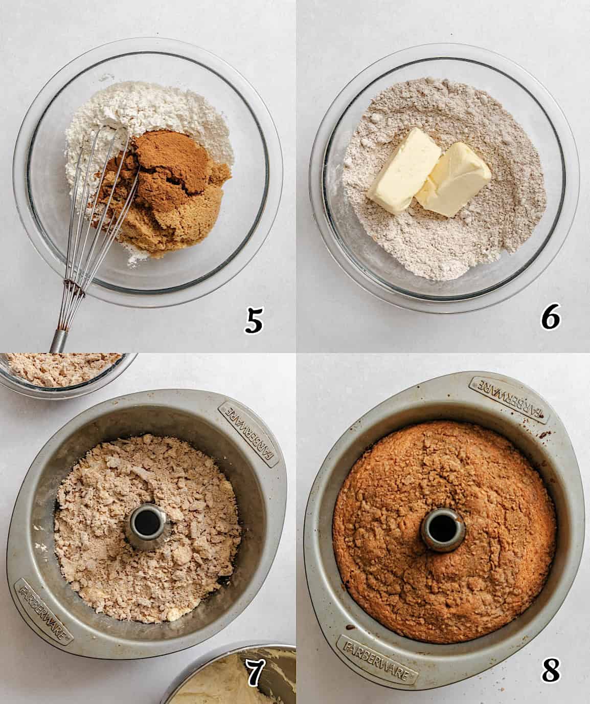Make the streusel, layer the cake batter with the streusel, and bake.