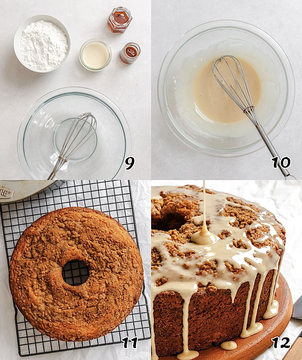 Make the glaze, cool the cake, and drizzle the glaze over the cake.