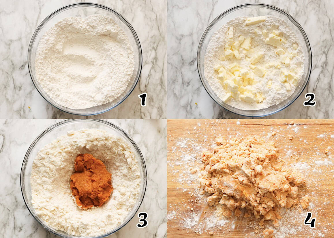 Mix the dry ingredients, cut in the frozen butter, add the mashed yams, and make a dough.