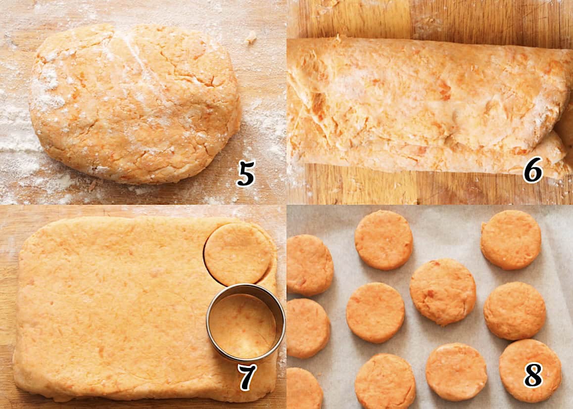 Lightly knead the dough, roll it out, cut out the biscuits, and bake them.