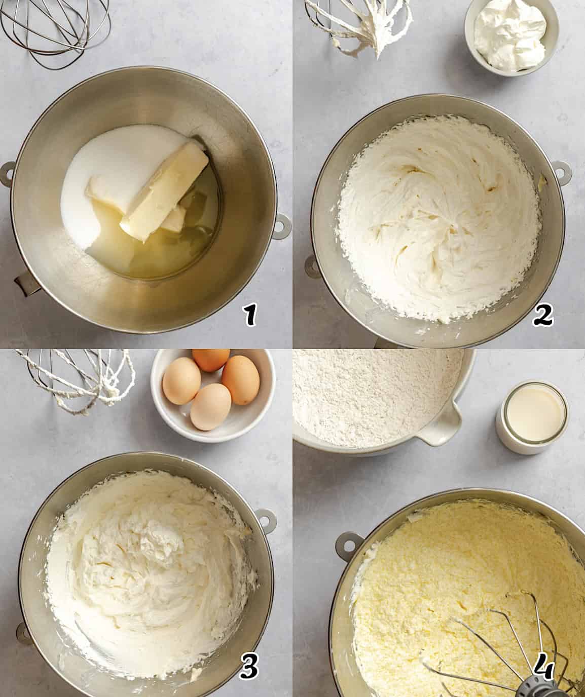 Cream the butter, sugar, and oil, add the sour cream, then the eggs, and the dry ingredients.
