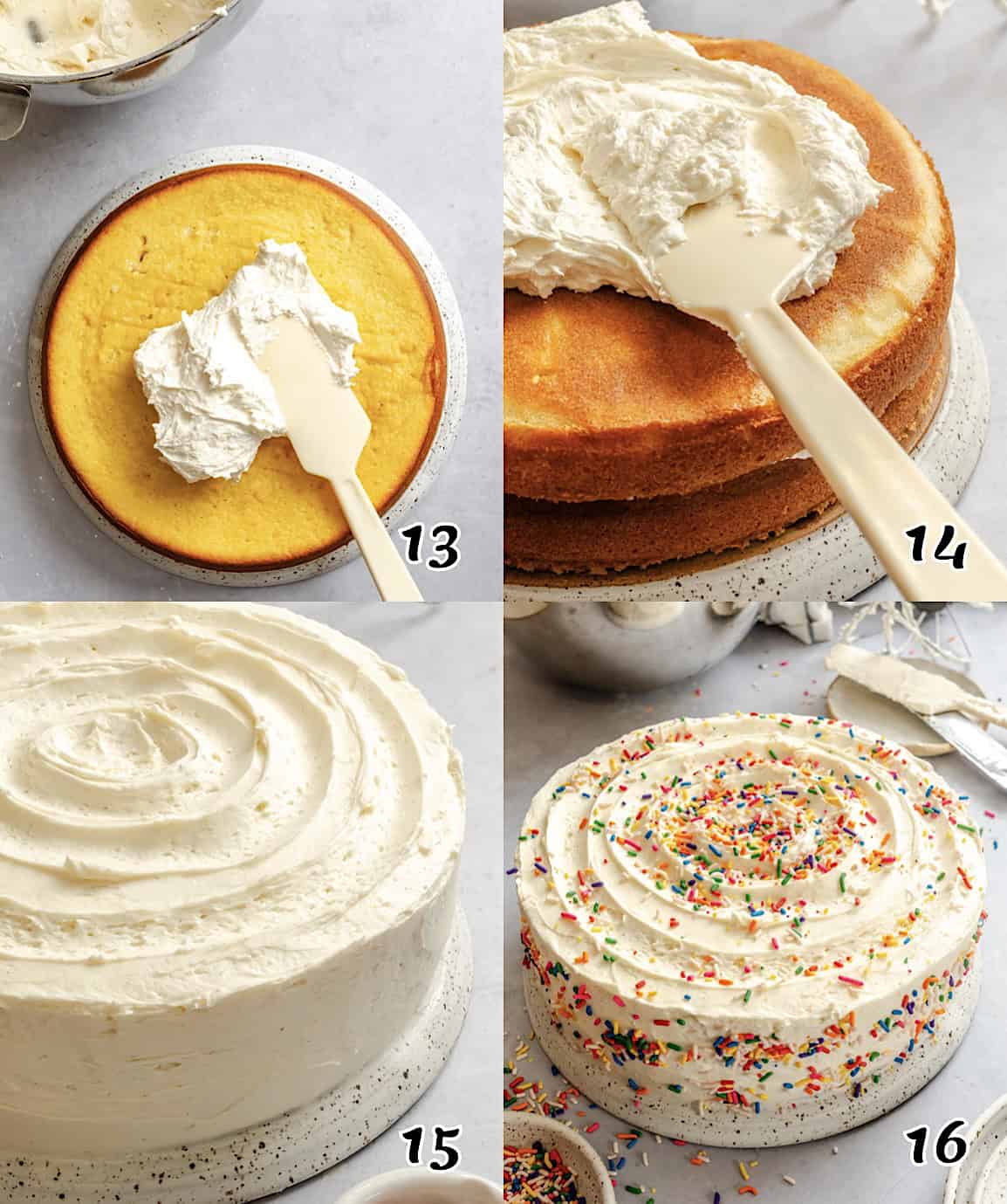 Frosting the cake layers and decorating with colorful sprinkles.