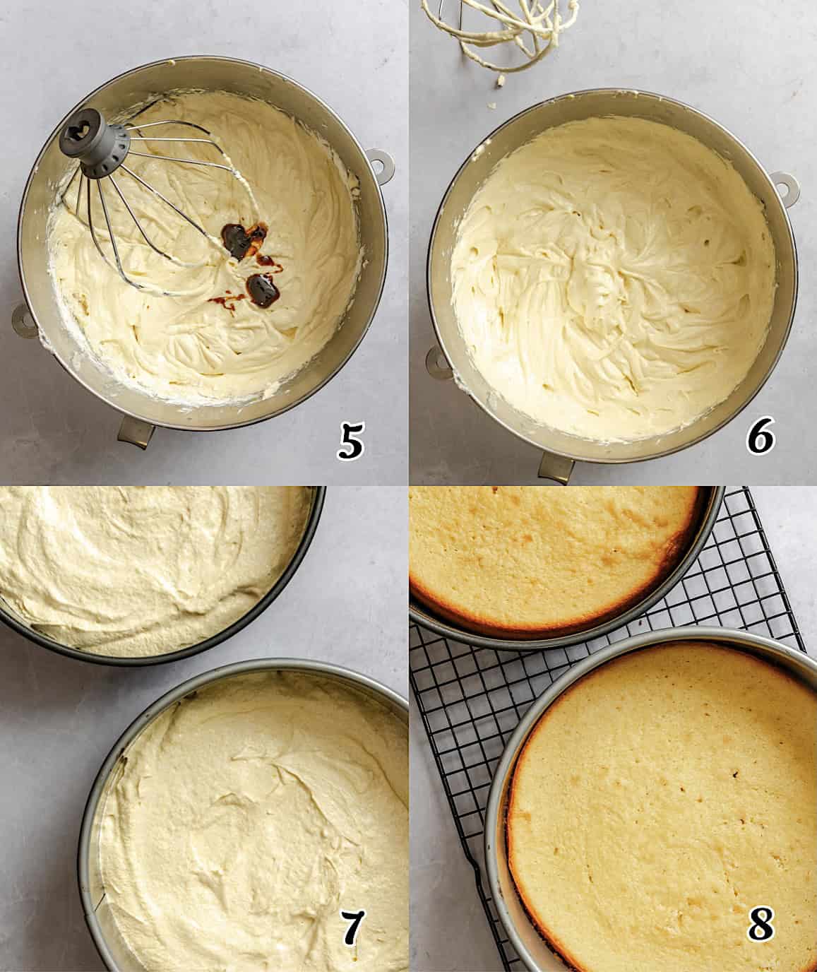 Add the milk and extract, mix well, and dive the batter between two greased and floured pans.