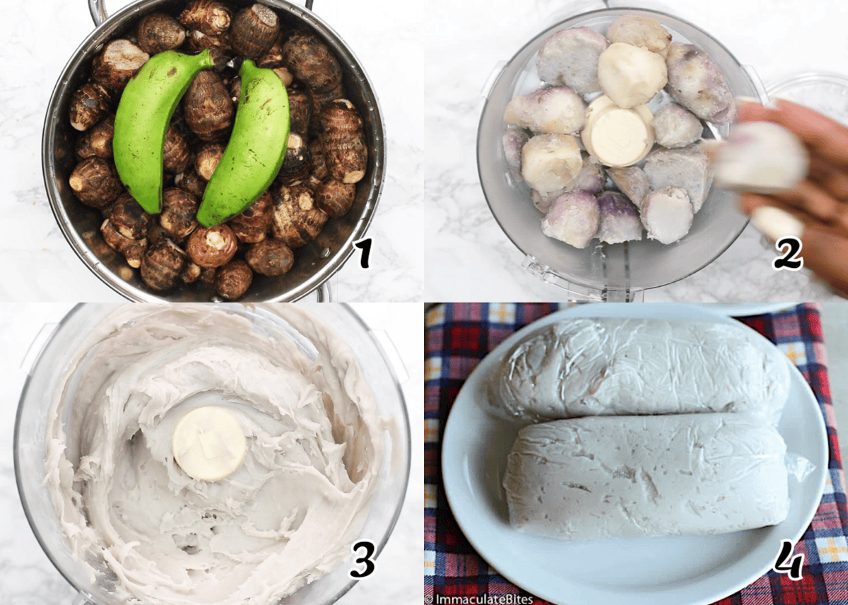 Steam the achu coco and green bananas, cool slightly, peel, and puree in food processor or mortar and pestle.