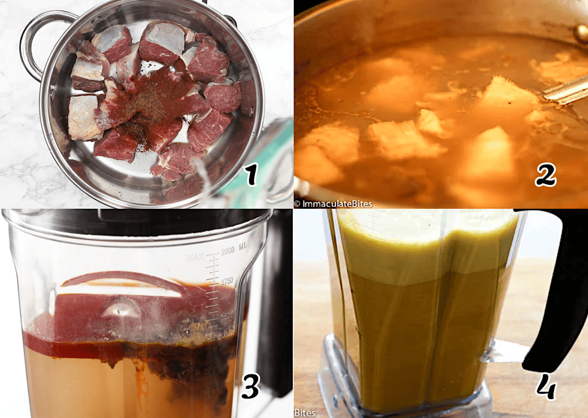 Boil the  meat and make the broth, am blend the rest of the ingredients until smooth.