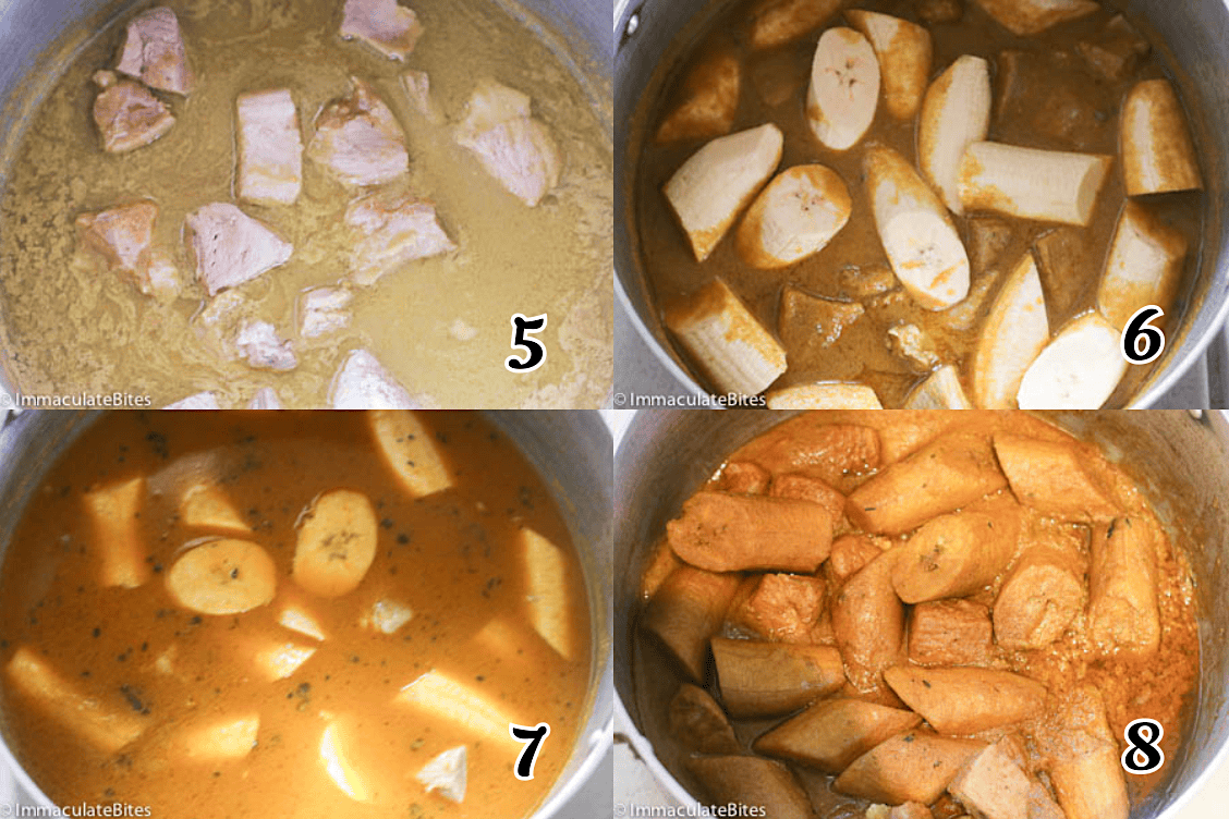 Assemble the stew, add the plantains, and simmer until tender.