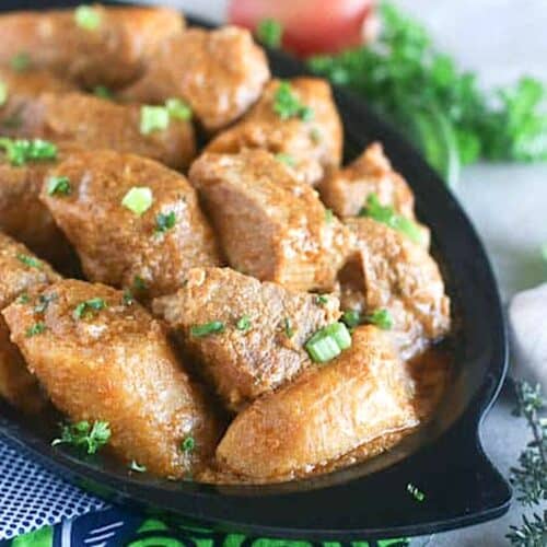 Serving up savory, spicy, and addictive kondres, spicy stewed plantains.