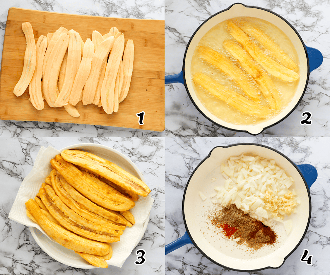 Peel and slice the plantains, fry or bake them, the saute the aromatics.