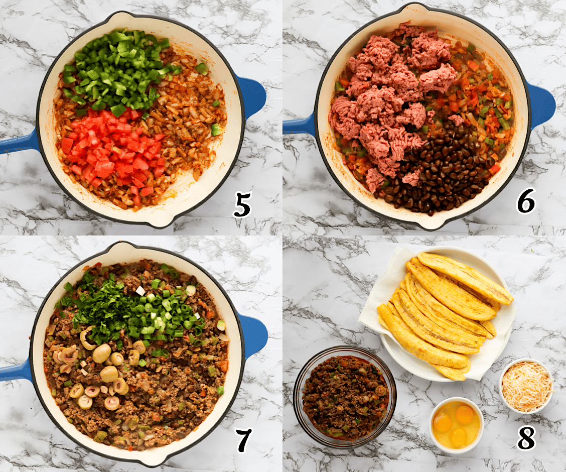 Saute vegetables, add meat and beans, simmer, and gather the rest of the ingredients to assemble.