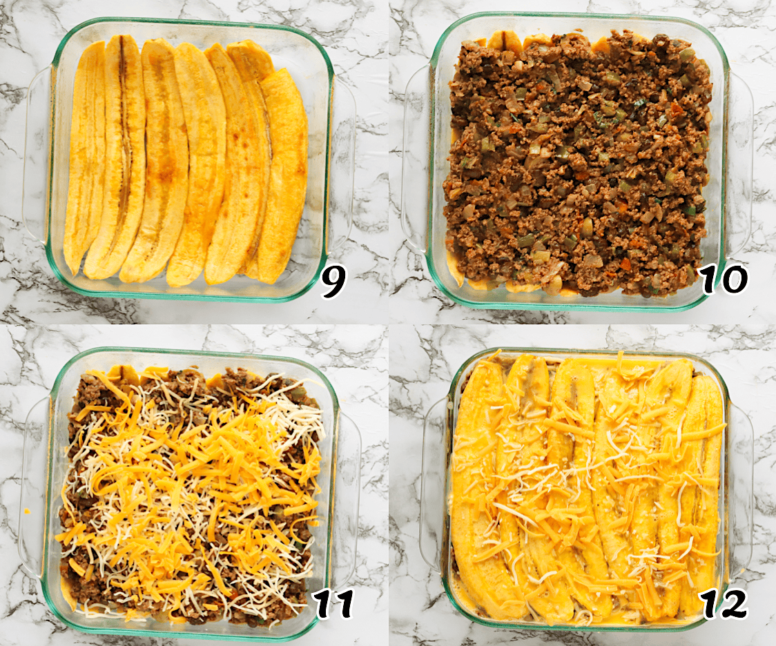 Layer the cooked plantain slices with the meat filling and optional cheese. Bake and enjoy.