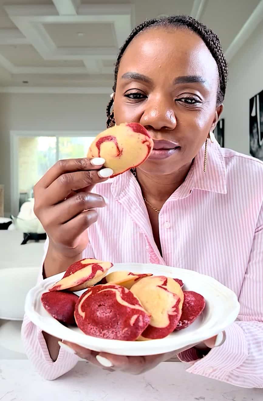 Imma enjoying a freshly baked sponge cake cookie marbled with red velvet.