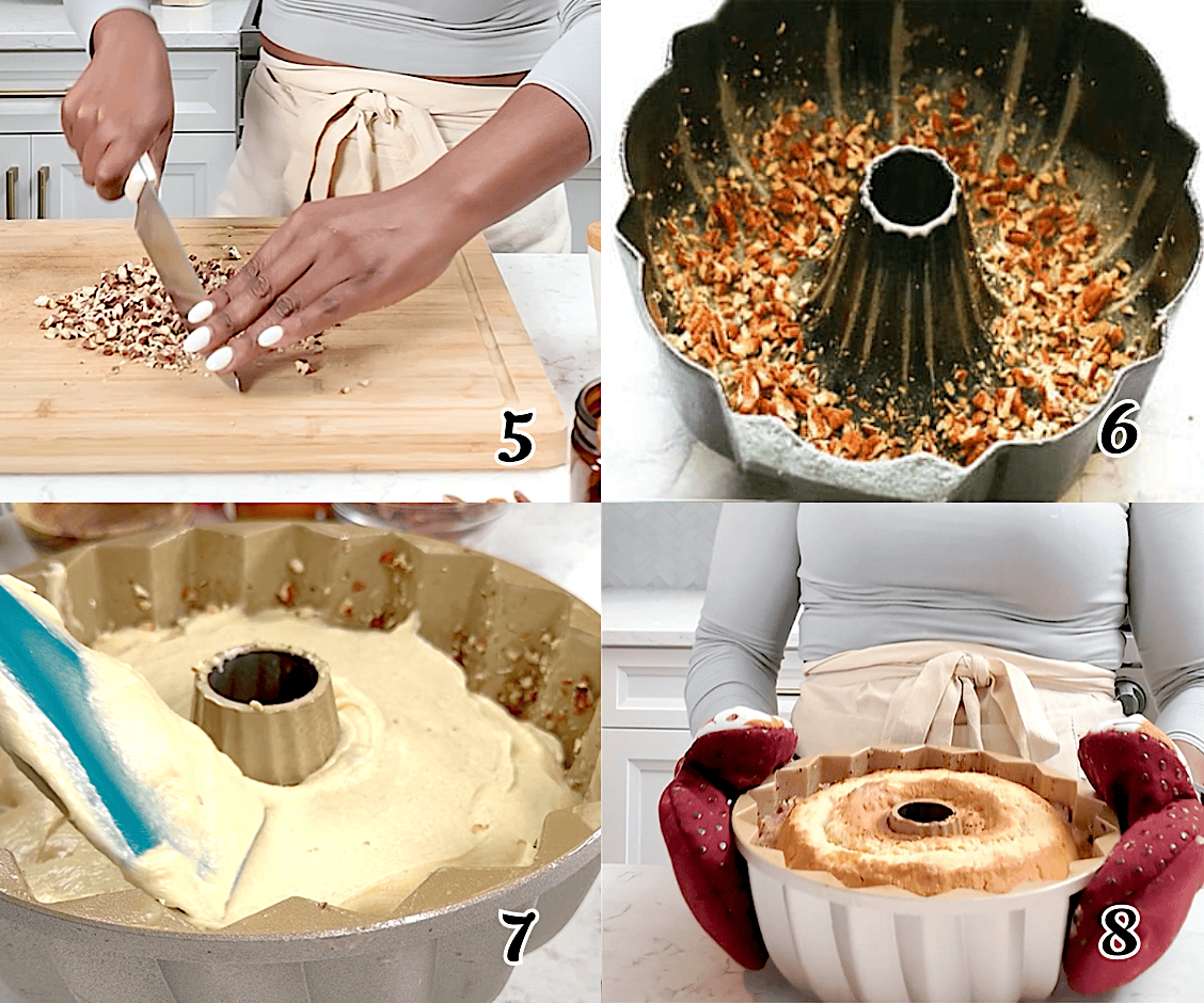 Chop the pecans, like the greased bundt pan with them, add the batter, and bake.