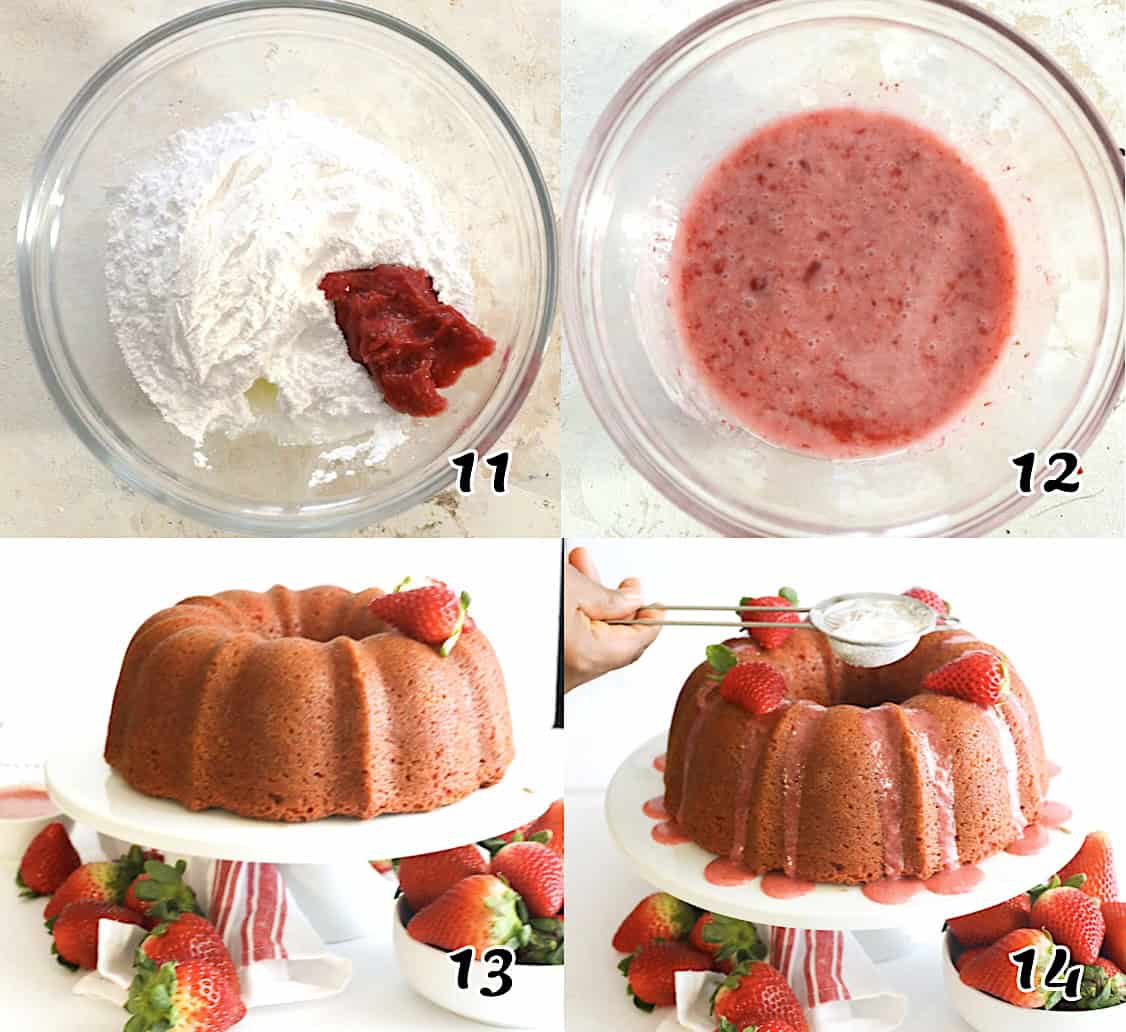 Make the glaze, drizzle it on the cake, and dust with powdered sugar.