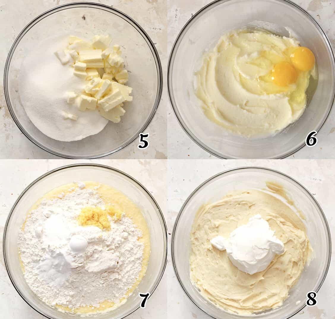 Cream the butter and sugar, add the eggs, then the dry ingredients and the sour cream.
