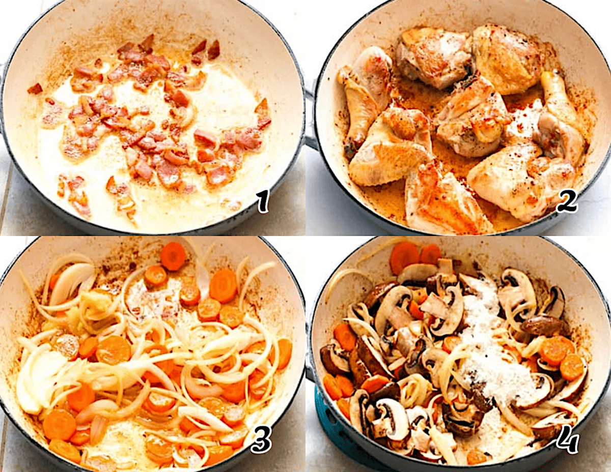 Fry the bacon, sear the chicken, saute the vegetables, and make the roux.