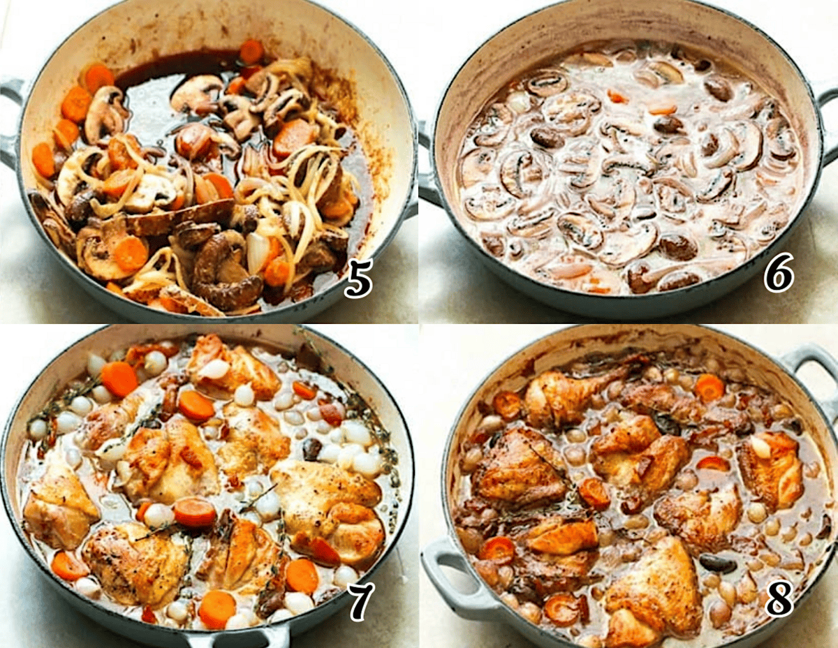 Add the brandy, then the wine and broth, bring to a simmer, then braise in the oven.