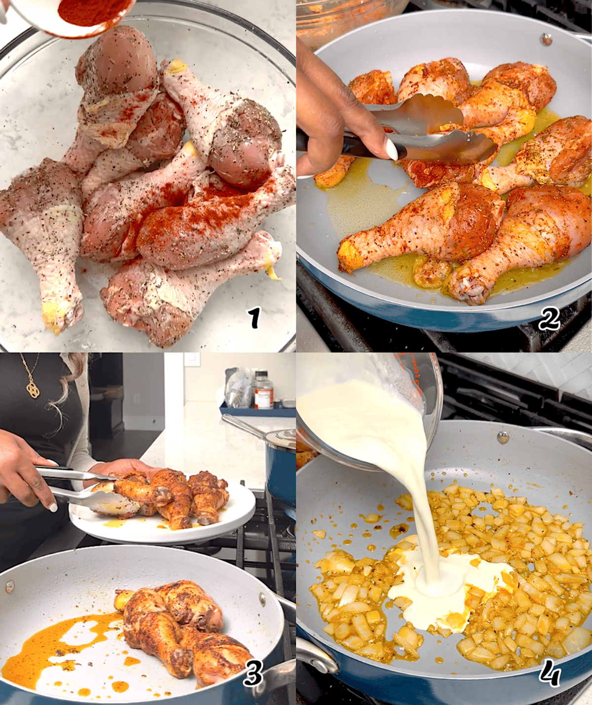 Season and fry the poultry. Then add the cream and seasonings for the sauce.