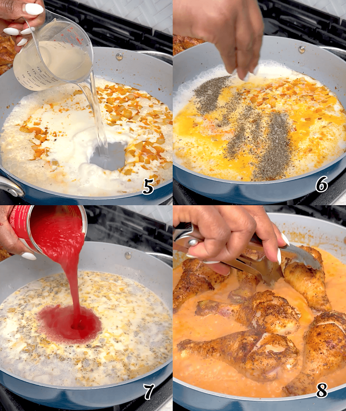 Add the broth and seasonings, then stir in the tomato sauce. Add the chicken back to the pan, and bake.