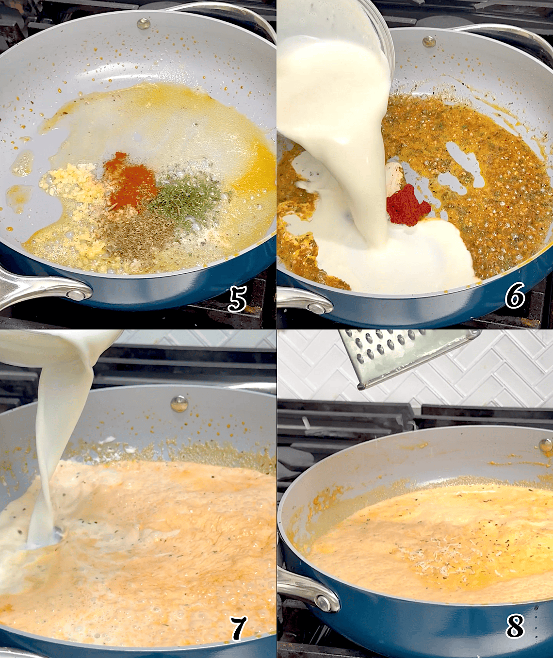 Saute the seasonings, add the cream and milk, and simmer until slightly thickened.