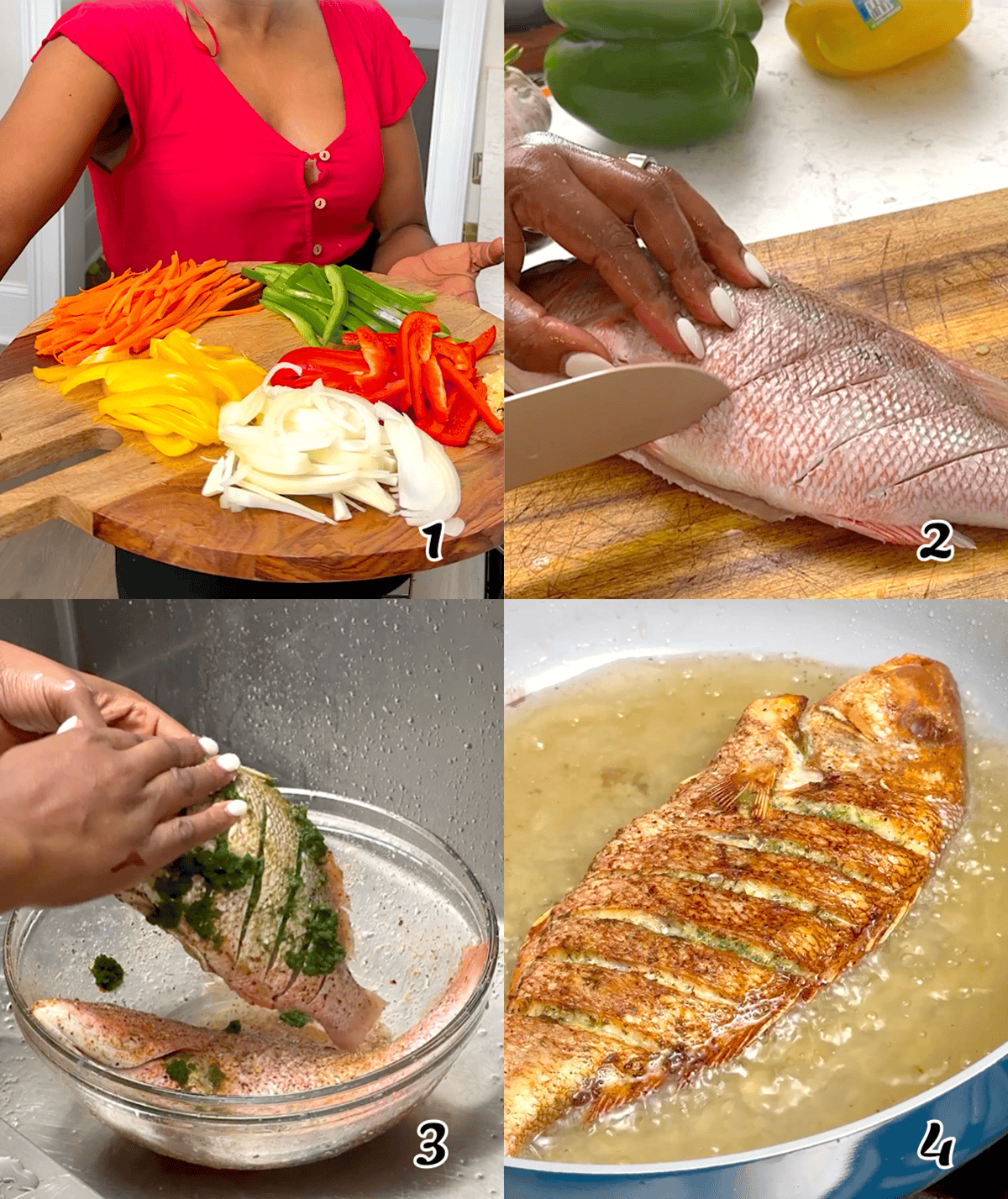 Cut all the vegetables and set aside. Prep, season, and fry the redfish.