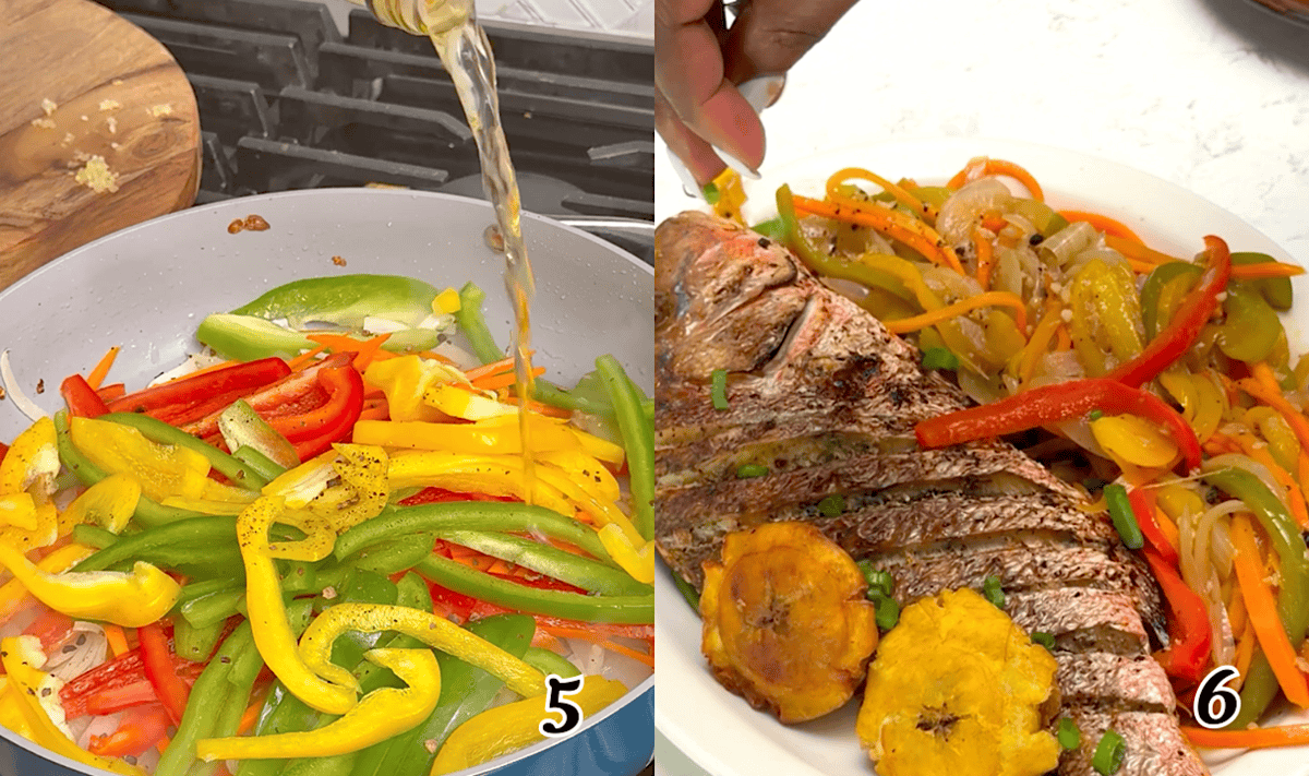 Saute the vegetables, add the vinegar, and assemble the plate.