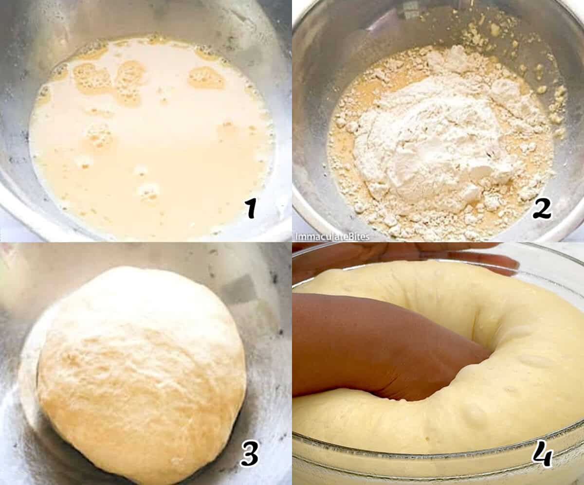 Activate the yeast, add the rest of the ingredients, knead, and let it rise. Then punch it down and get ready to roll it out.