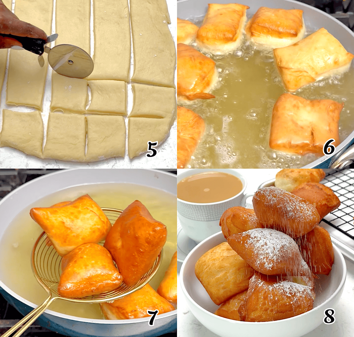 Roll out the dough, cut it into squares, fry, and dust with powdered sugar.