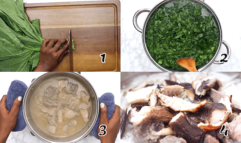 Clean, chop, and blanch the leaves. Then cook the meat and fish, reserving some of the broth. Saute aromatics, then add the meat and fish.