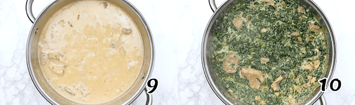 Add the peanut sauce to the pot, then add the leaves and simmer until tender.