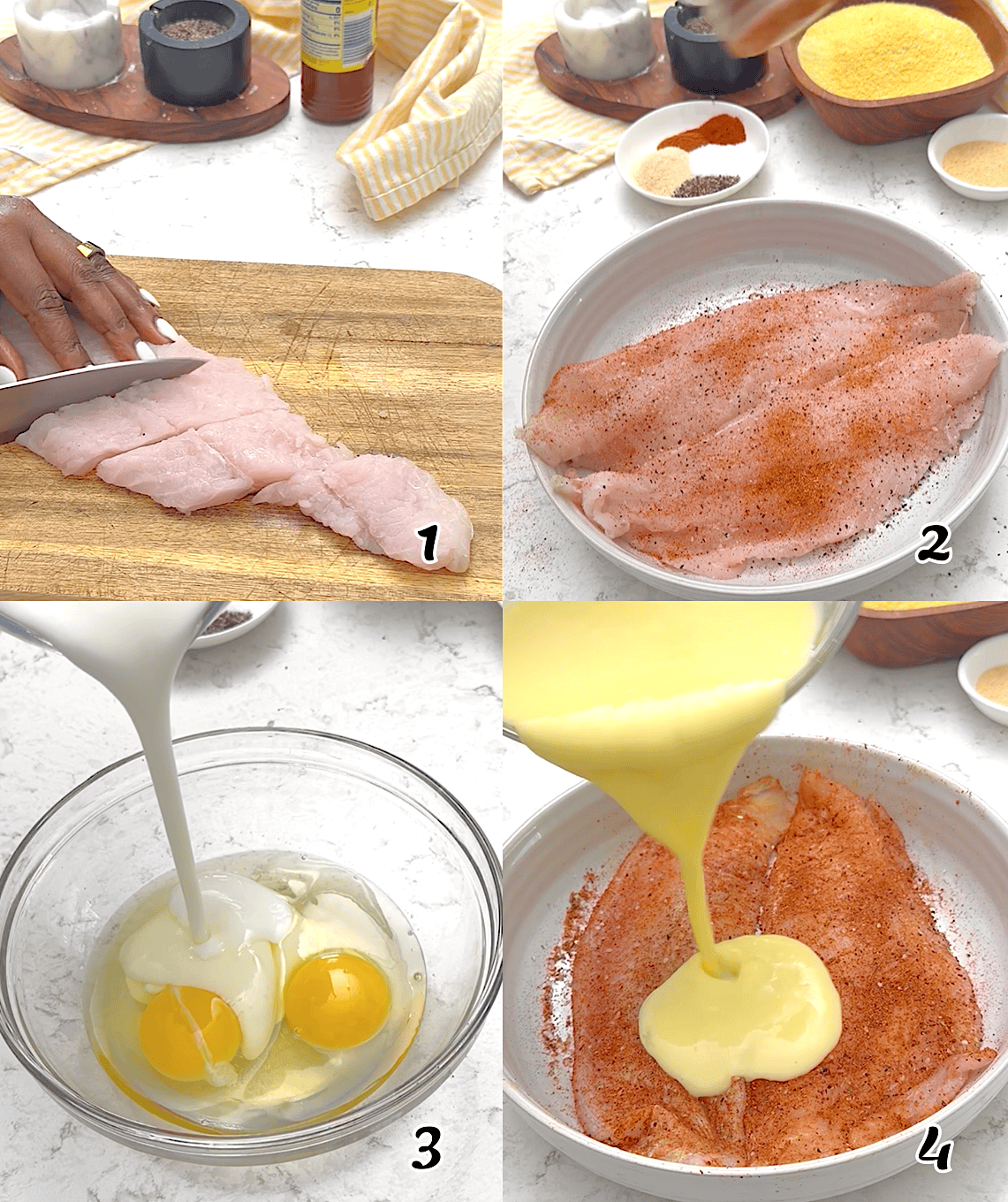 Use the fillets whole or cut them into bite-sized pieces. Season, make the egg and buttermilk marinade, and coat the fillets.