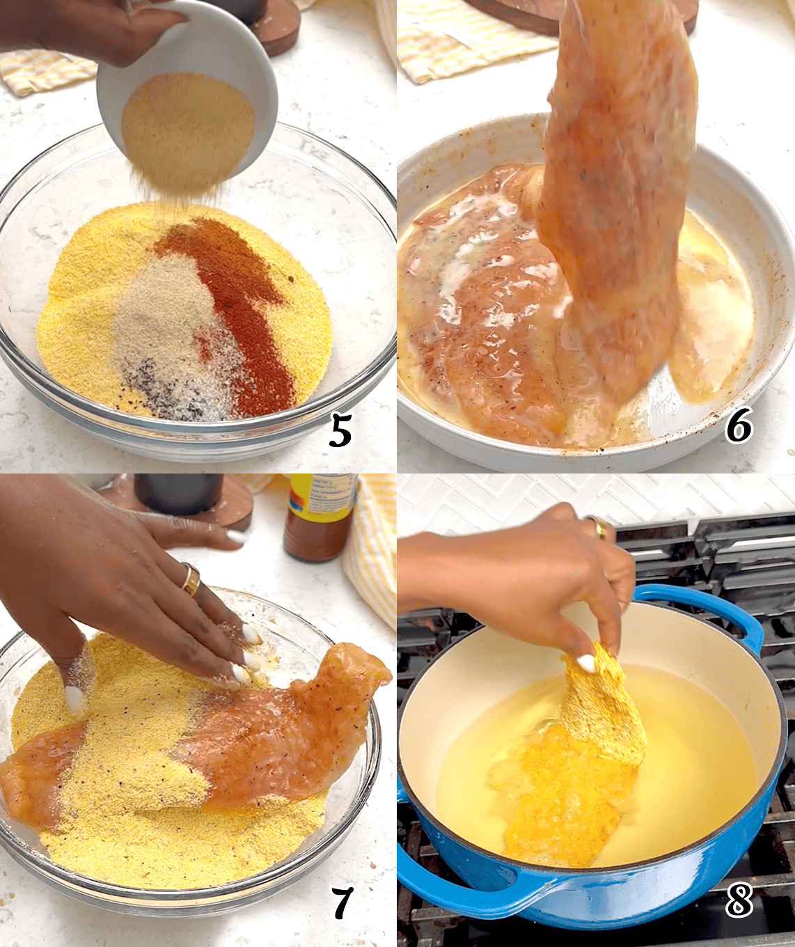 Make the cornmeal breading, drain excess buttermilk from the fillets, cover with the breading, and fry.