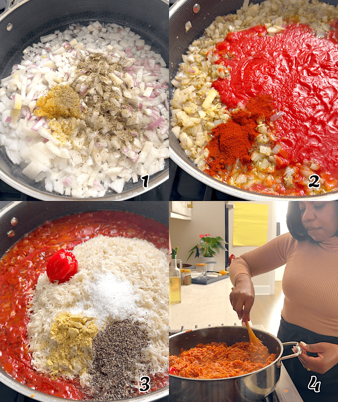 Saute the aromatics, add the tomato and spices, and stir in the rice.
