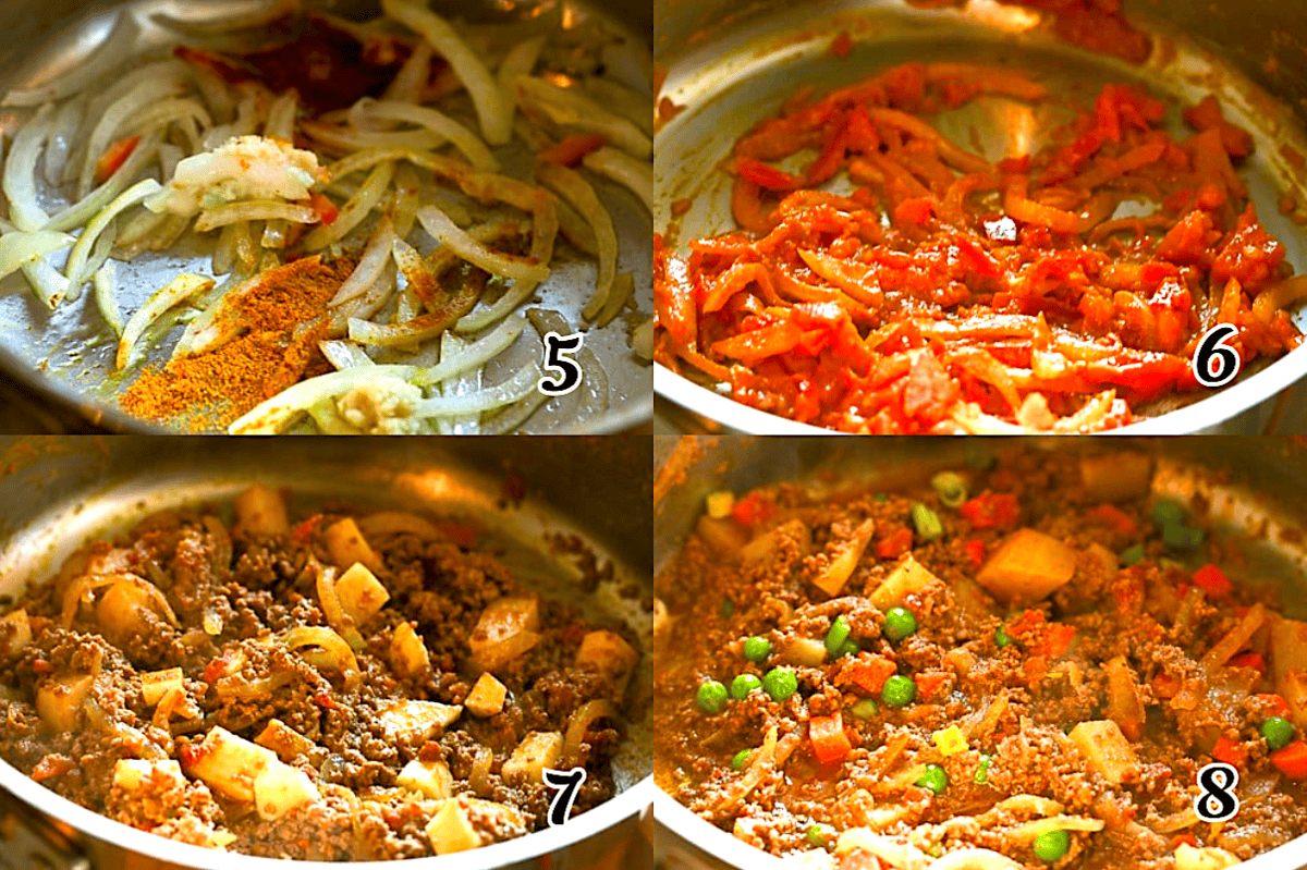 Saute the aromatics, add the meat and vegetables, and simmer until tender.