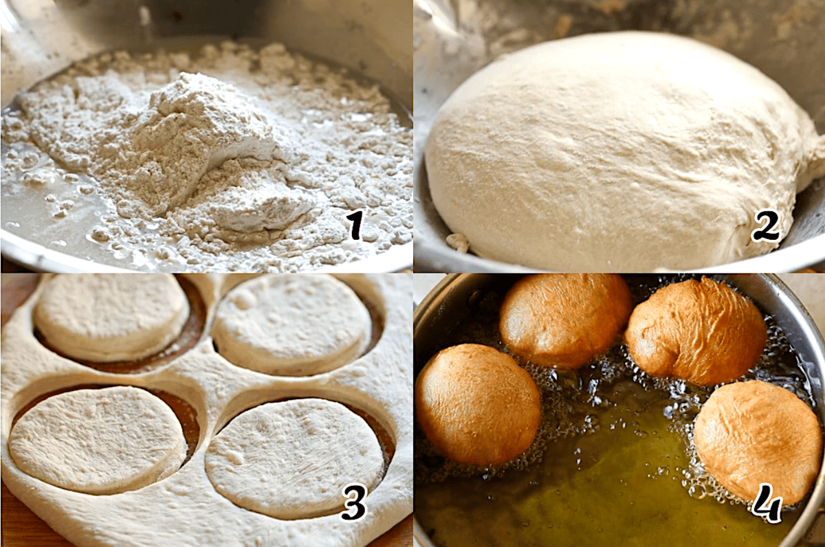 Make the dough, let it rise, roll it out, cut it into circles, and fry them up.